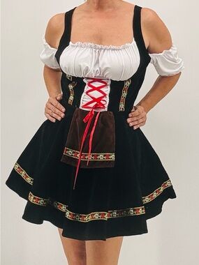Oktoberfest German Bavarian Dirndl Velvet Bar Maid Embroidered Costume Dress
